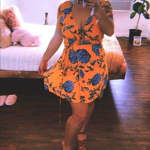 Yellow and blue floral wrap dress